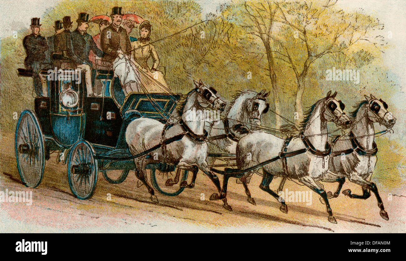 Pullman e quattro cavalli del marchese di Waterford, Londra, 1880. Litografia a colori Foto Stock