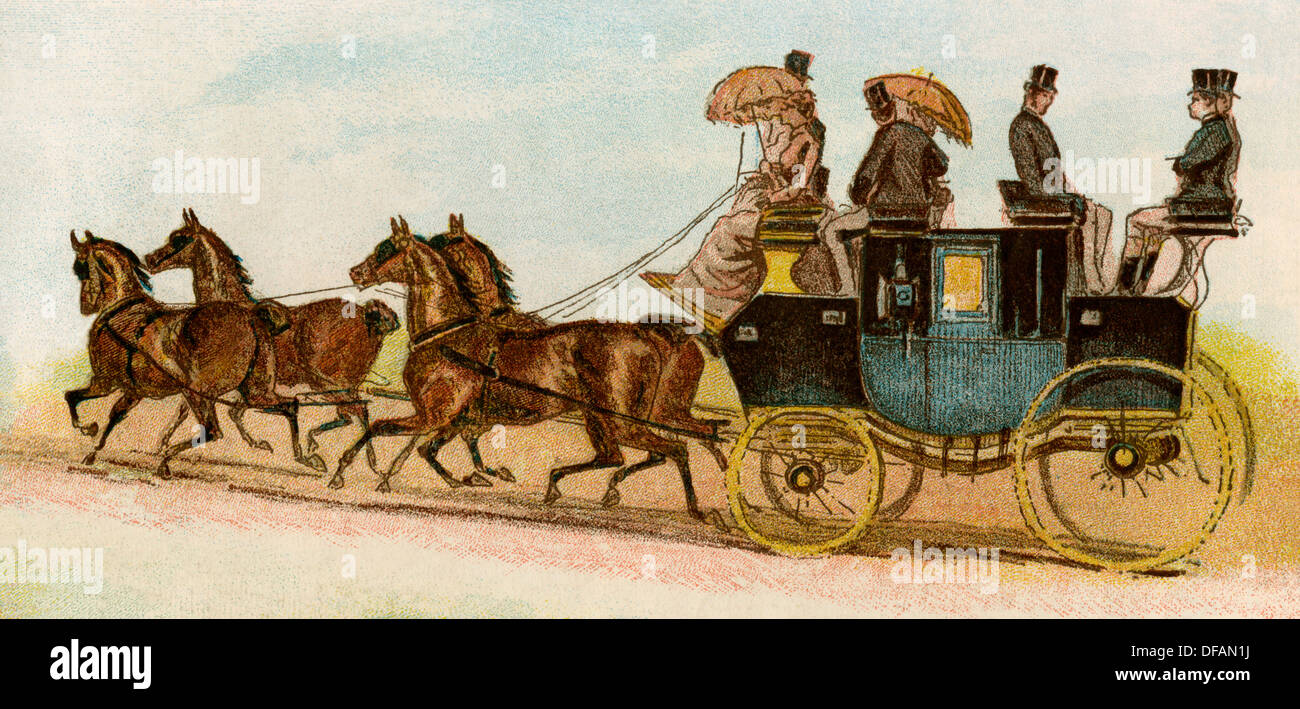 Pullman e quattro cavalli di una classe superiore famiglia, Londra, 1880. Litografia a colori Foto Stock