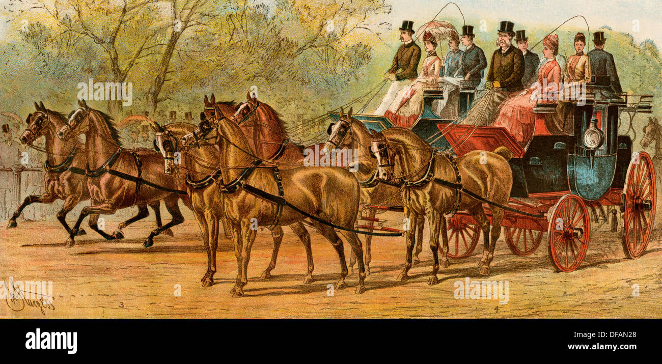 Pullman e quattro cavalli di Lord Londonderry e conte Munster, Londra, 1880. Litografia a colori Foto Stock
