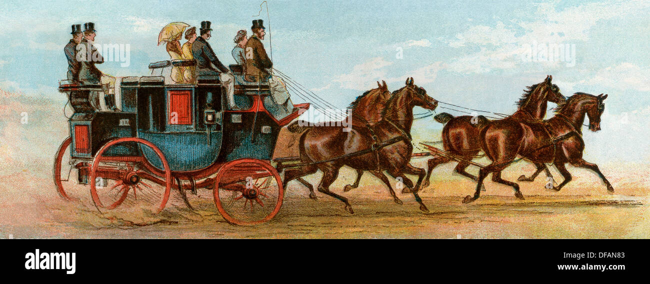 Pullman e quattro cavalli del signor Oakeley, Londra, 1880. Litografia a colori Foto Stock