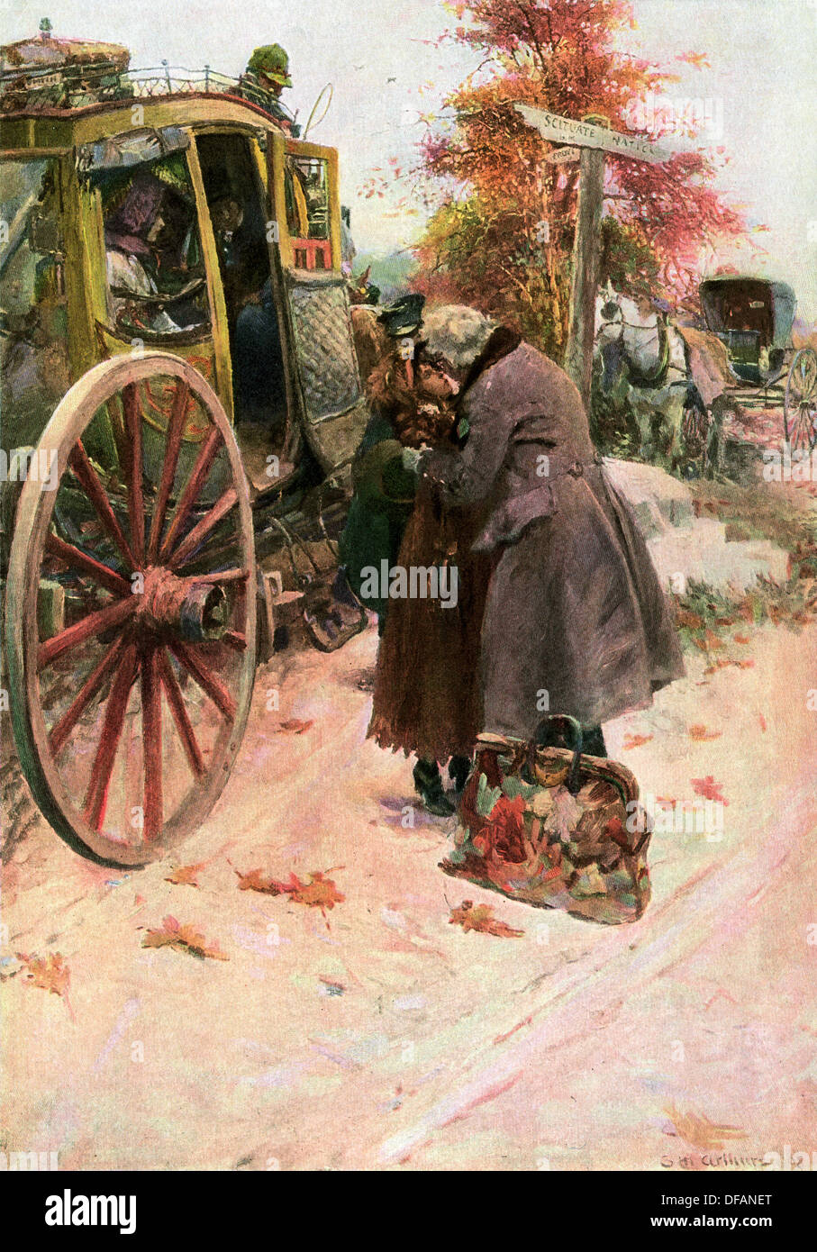 Stagecoach sul Boston Post Road di prelevare un edicola passeggero. Colore mezzetinte di una illustrazione di Stanley Arthurs Foto Stock
