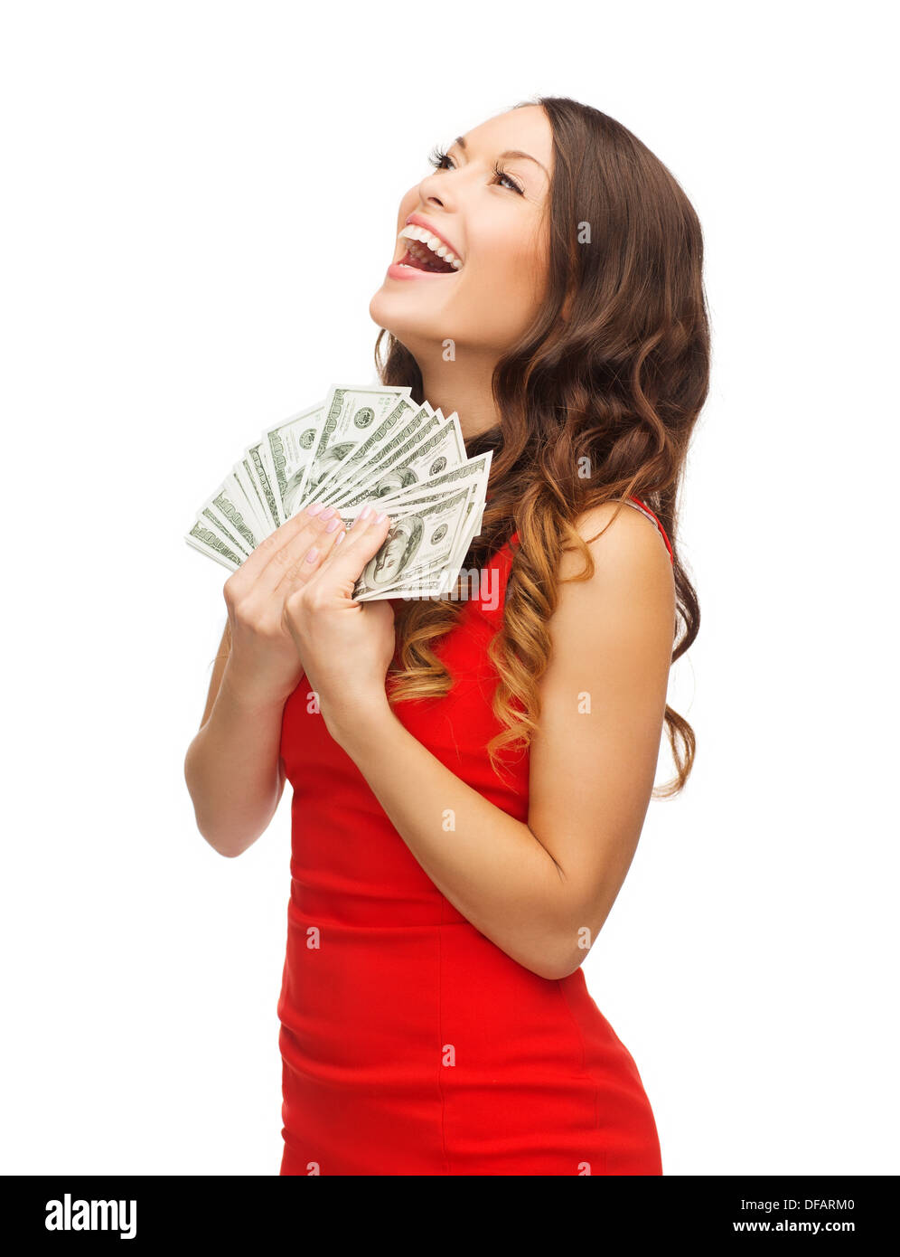 Donna in abito rosso con il dollaro USA il denaro Foto Stock
