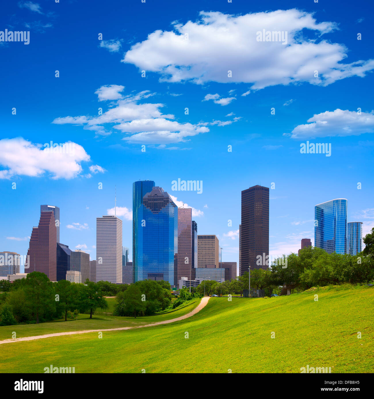 Houston Texas Skyline con moderni skyscapers e cielo blu vista dal parco Prato Foto Stock