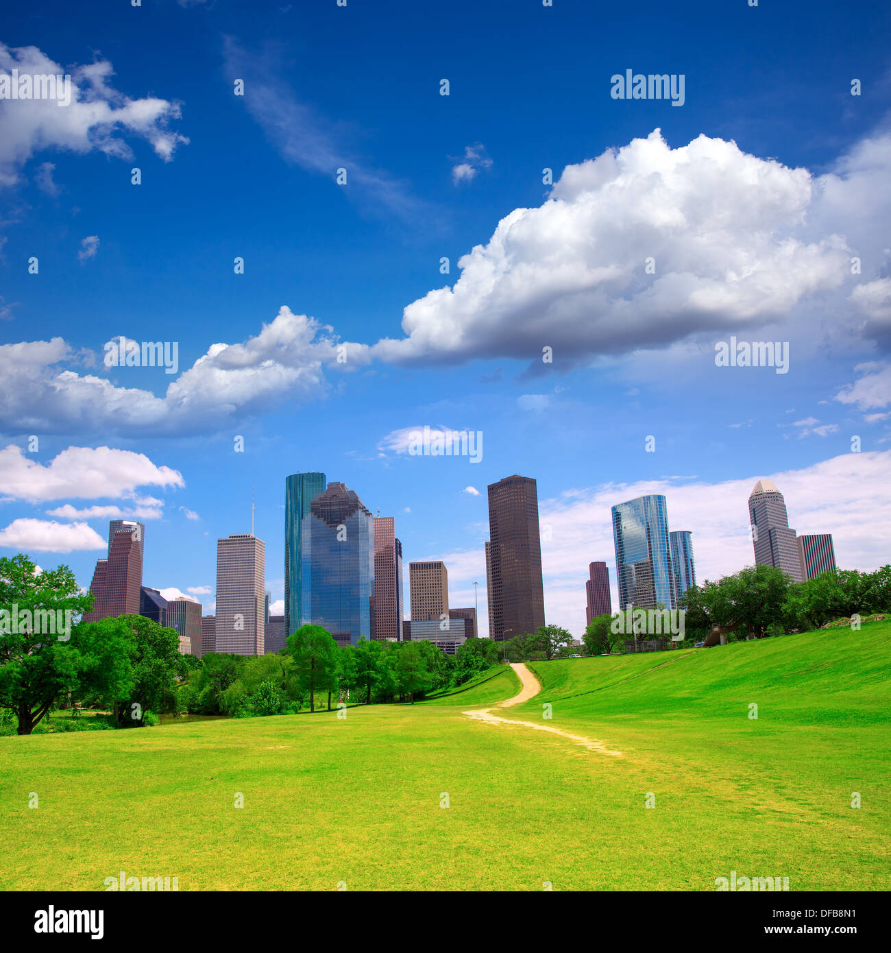 Houston Texas Skyline con moderni skyscapers e cielo blu vista dal parco Prato Foto Stock