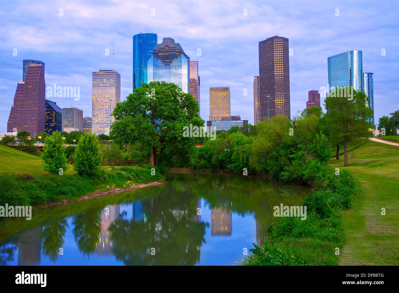 Houston Texas moderno skyline dal parco fiume noi Foto Stock