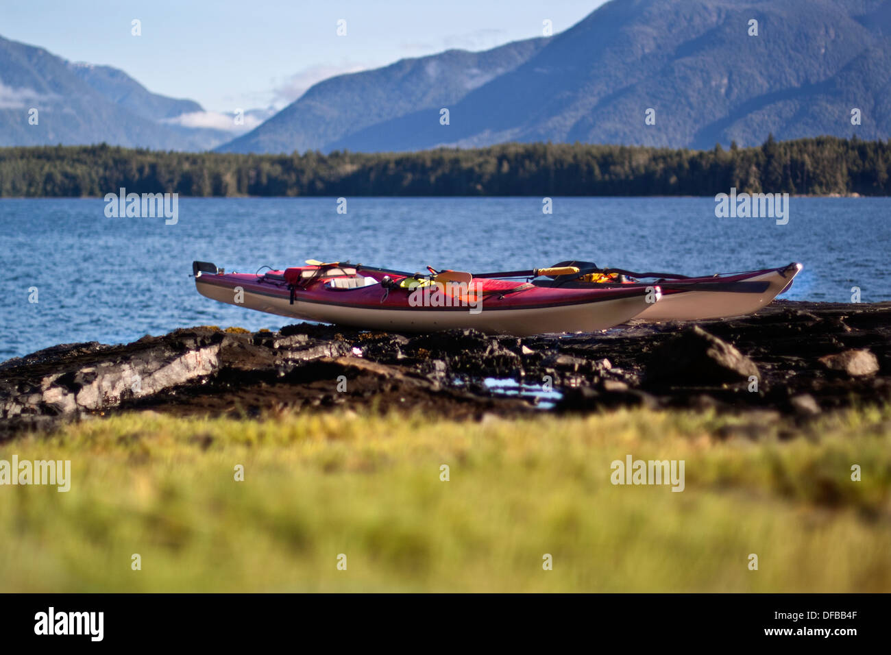 Kayak sulle rocce in BC Canada, Broughton arcipelago, in una giornata di sole Foto Stock