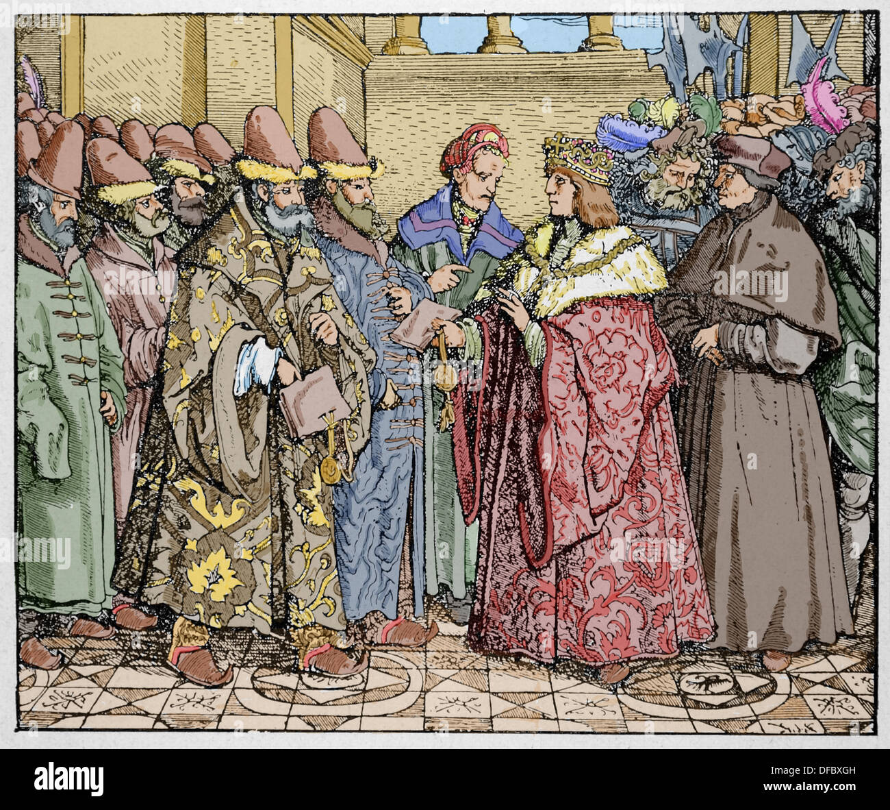 Massimiliano I del Sacro Romano Imperatore riceve, all'Ambasciata russa del Gran Principe di Mosca, Vasily III. Incisione colorata. Foto Stock