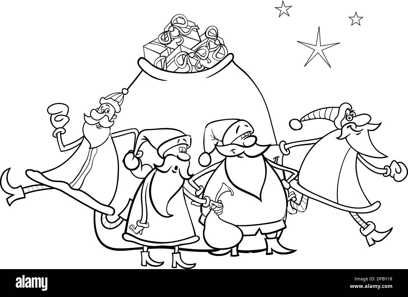 Bianco e Nero Cartoon illustrazione di Babbo Natale gruppo di caratteri con grande sacco di regali per il libro da colorare Foto Stock