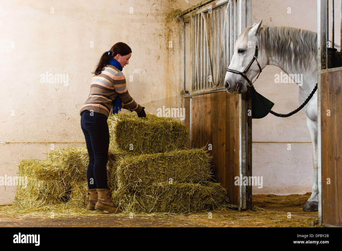 Donna e haystacks, White Horse guardando a fianco Foto Stock