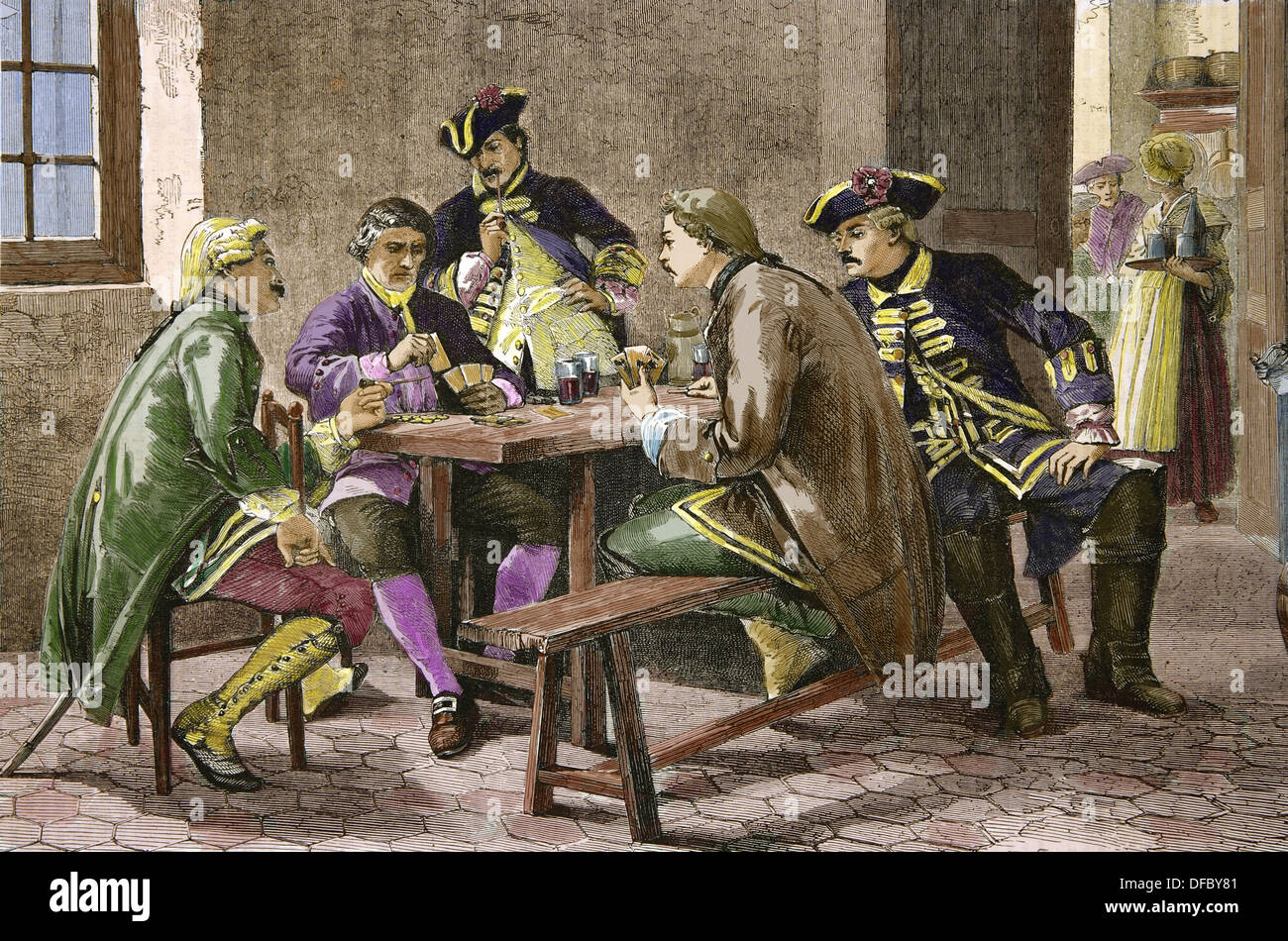 I soldati di guardia a giocare a carte. Incisione. Colorazione successiva. Foto Stock