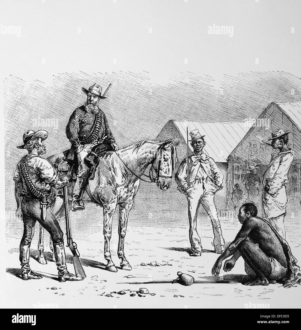 La storia. Sud Africa. Boer i coloni e nero Africa del sud. 1860. Incisione colorata. Foto Stock