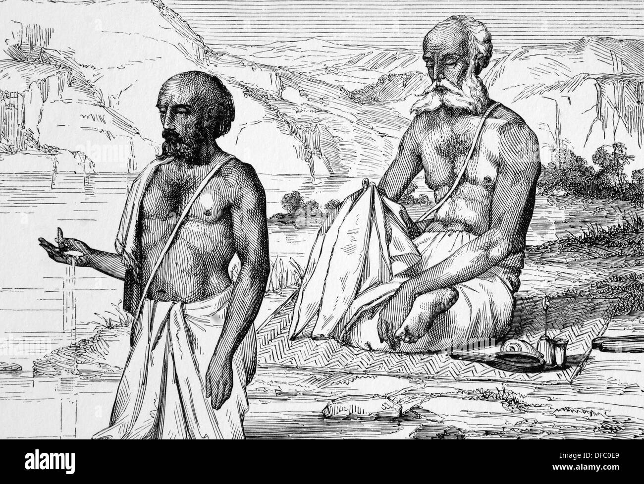 Asia. India. Brahmani workhipping a Benares. Incisione. Xix secolo. Colorazione successiva. Foto Stock