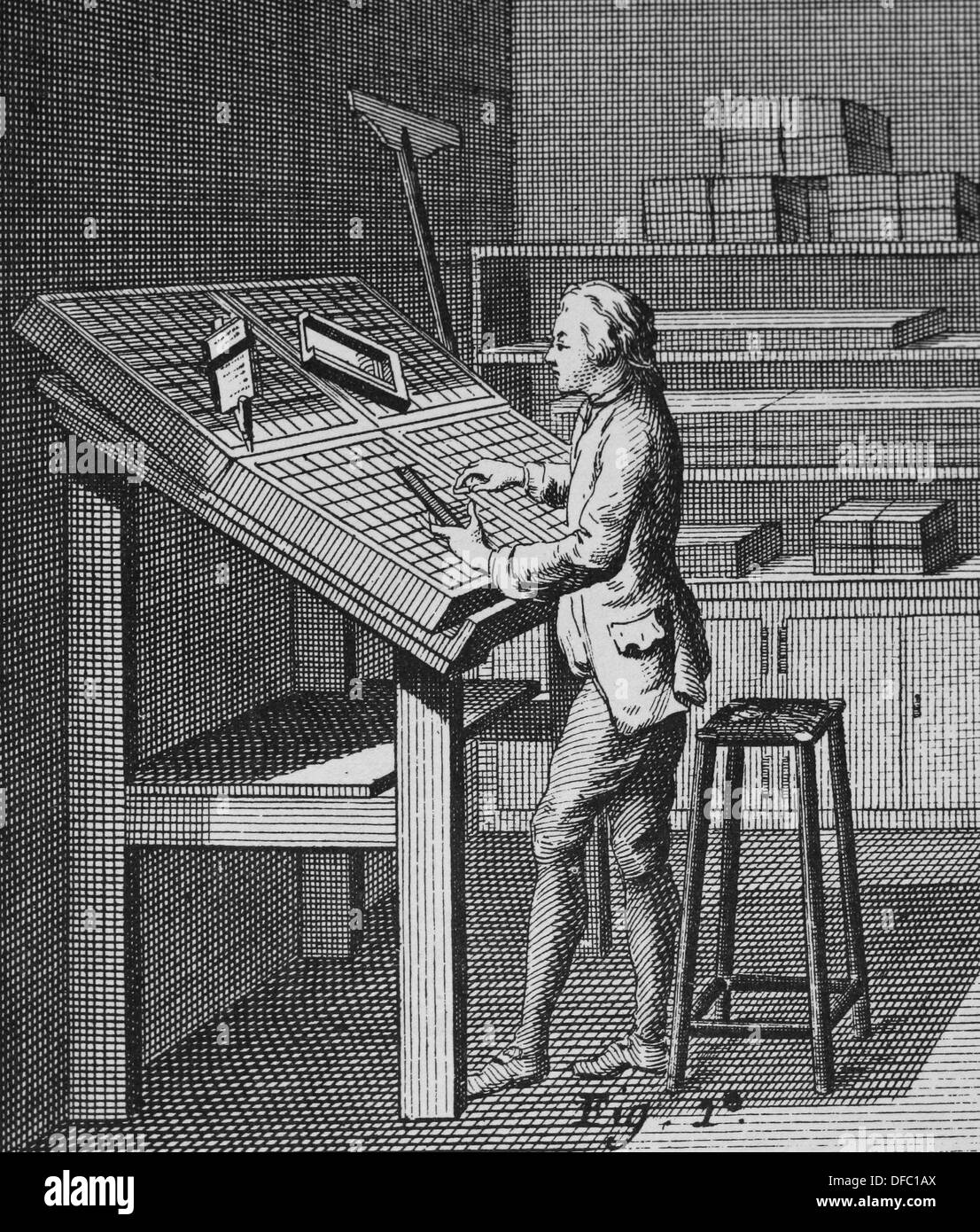 La stampa. Il typesetter (Figura 1) presenta le lettere tutte disposte davanti a lui nel typecast. "Encyclopedie'. Foto Stock