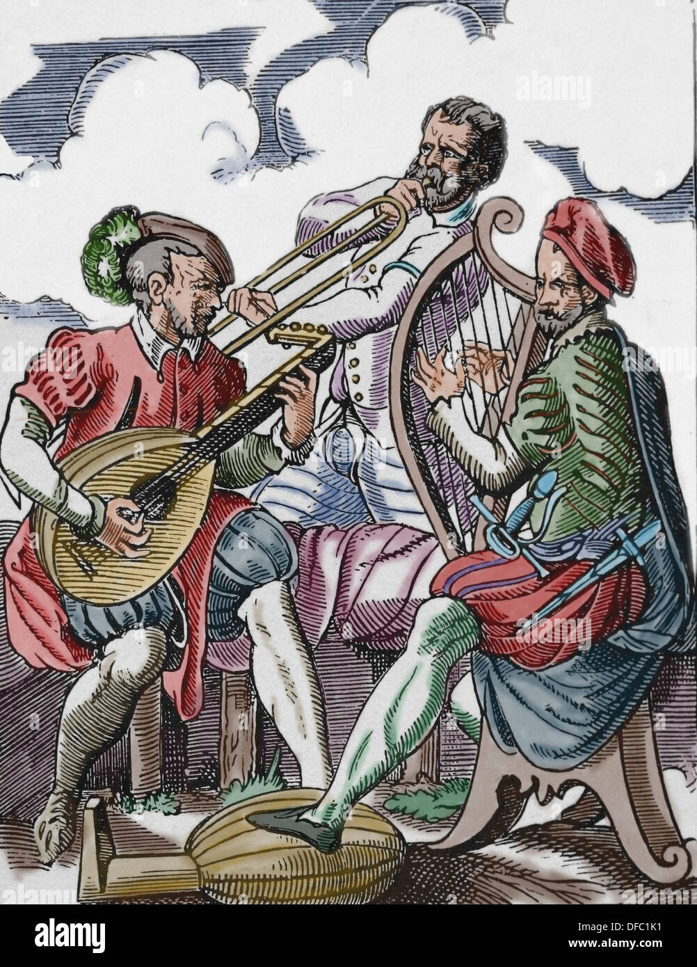 L'Europa. La storia della musica. Il XVI secolo. Musicisti di suonare vari strumenti musicali. Incisione del XIX secolo. Colorazione successiva. Foto Stock