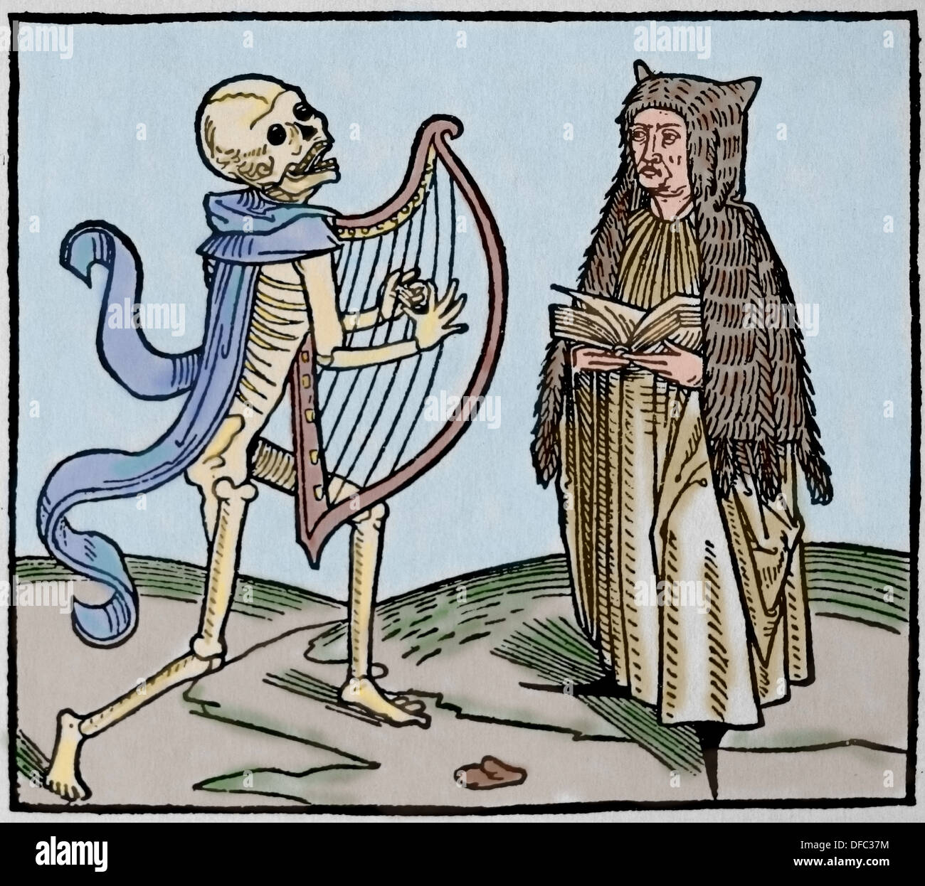 Periodo medievale. Europa.XIV secolo. Danza di morte. Allegoria della universalità della morte. Incisione colorata. Foto Stock