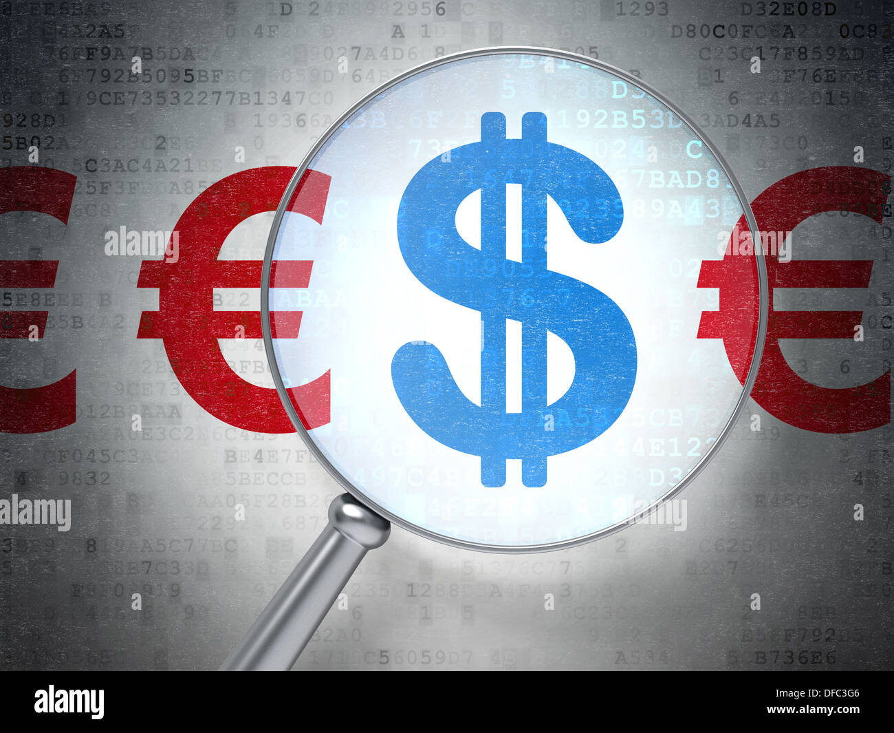 Concetto di Valuta: Dollar Euro e con vetro ottico Foto Stock