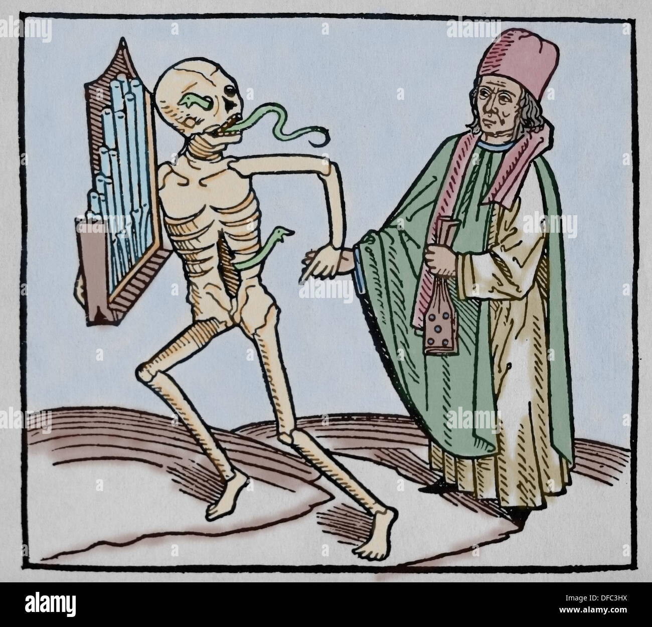 Periodo medievale. Europa.XIV secolo. Danza di morte. Allegoria della universalità della morte. Incisione colorata. Foto Stock