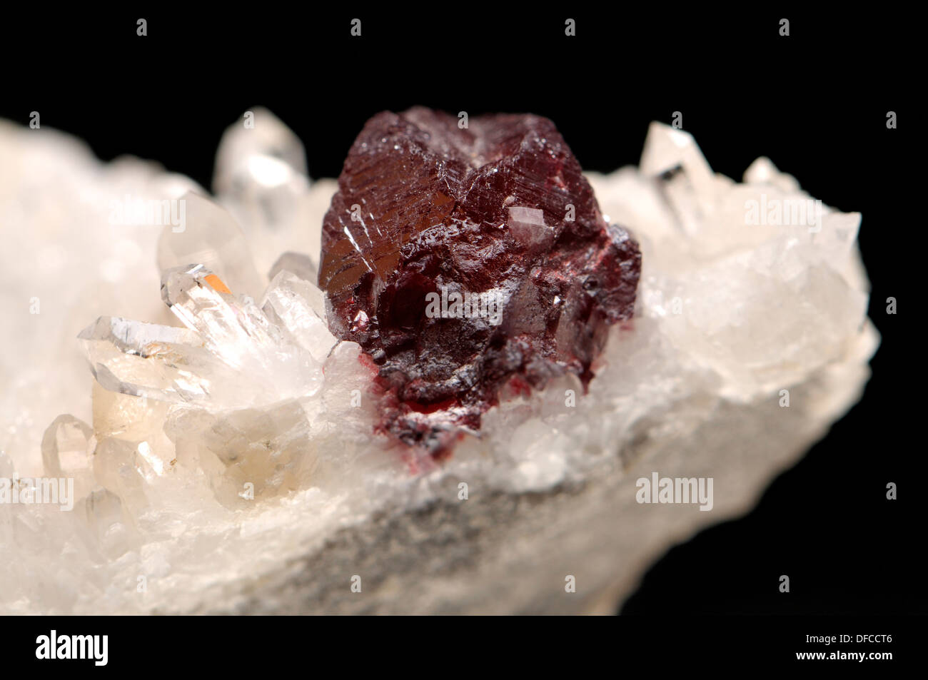 Cristalli di cinabro (solfuro di mercurio) su cluster di quarzo (estratto a Hunan, Cina) Foto Stock