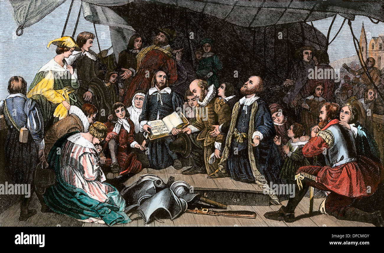 Pellegrino la incontro di commiato sul 'Mayflower", 1620. Colorate a mano la xilografia Foto Stock