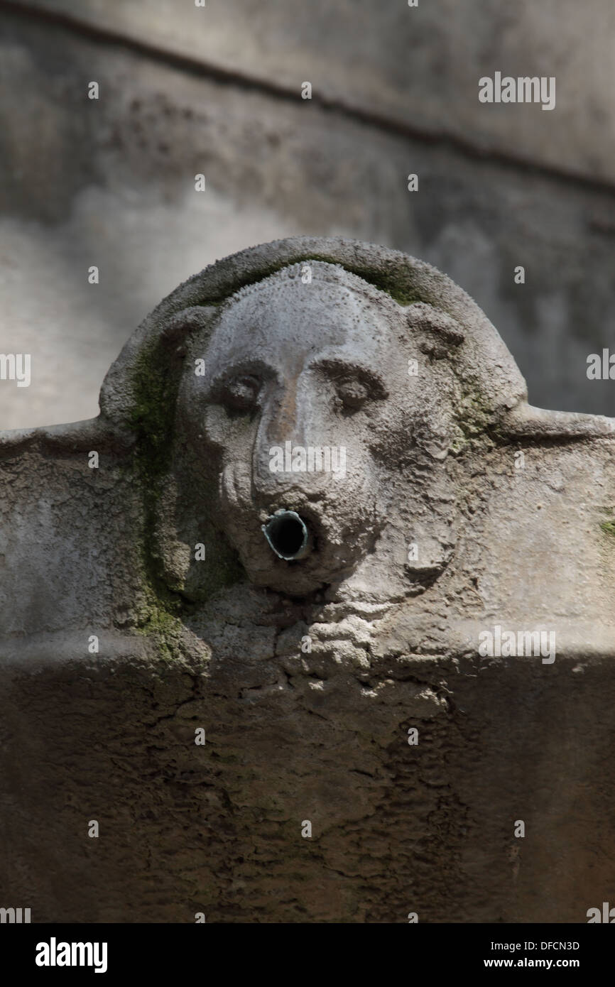 Un piccolo e discreto, maestoso ma stanco, lion faccia con la sua acqua-pipe in bocca, nella fontana della pace a Parigi Foto Stock
