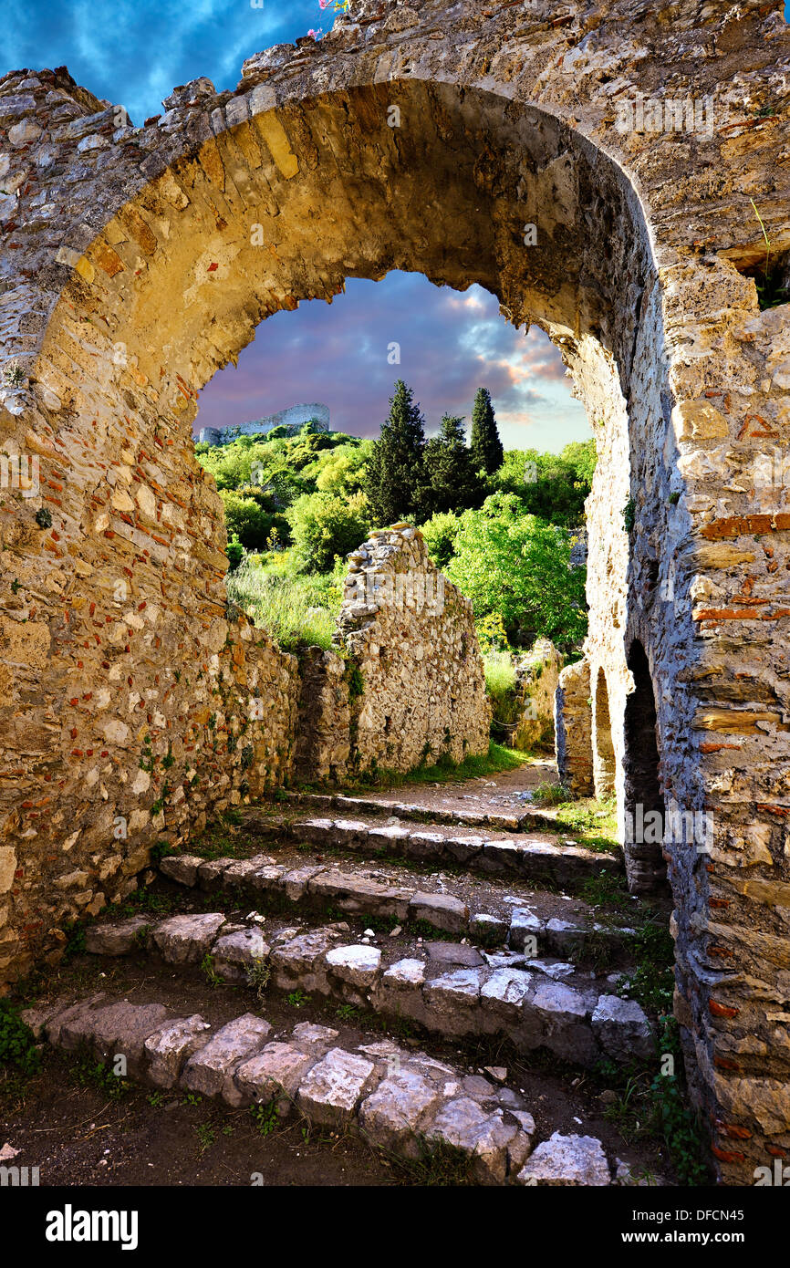 Rovine dell'ultima roccaforte bizantina, Mistra Grecia Foto Stock