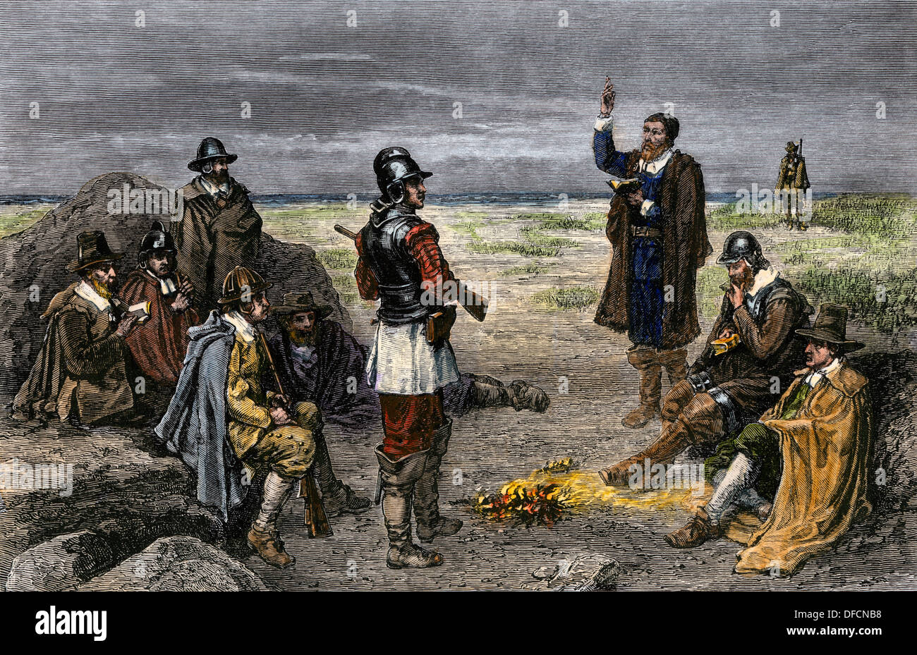 Mayflower pellegrini osservando infatti sabato Clark's Island, Cape Cod. Colorate a mano la xilografia Foto Stock