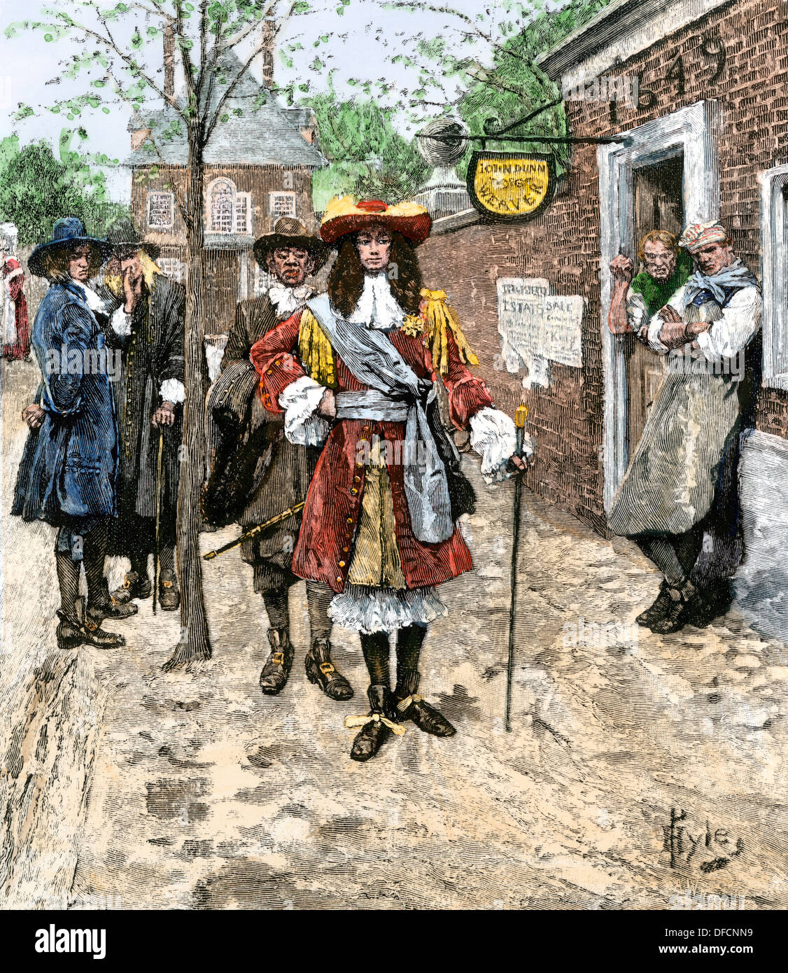 I cittadini di Boston osservando il governatore Edmund Andros sfilando nelle sue raffinatezze, 1689. Colorate a mano la xilografia di Howard Pyle illustrazione Foto Stock