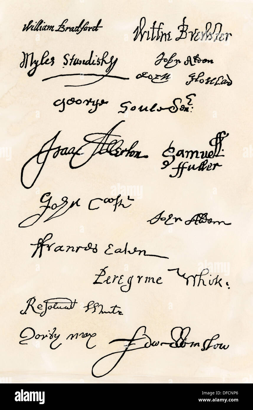 Autografi del Mayflower pellegrini. Xilografia con un lavaggio ad acquerello Foto Stock