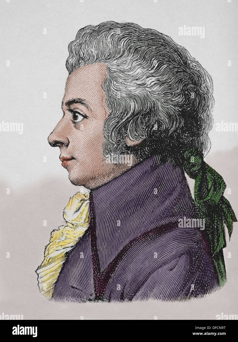 Wolfgang Amadeus Mozart ((1756 - 1791). Il compositore di epoca classica. L'incisione (dopo colorazione). Xix secolo. Foto Stock