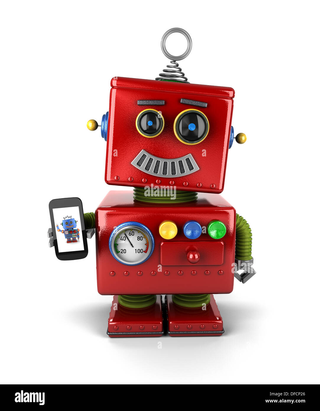 Rosso, poco vintage robot giocattolo con lo smartphone Foto stock - Alamy