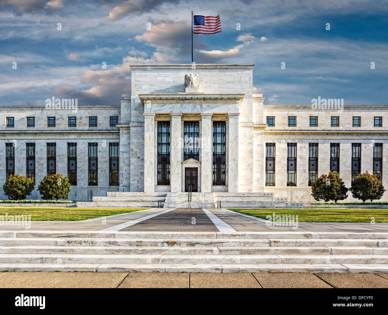 Una vista frontale del Stati Uniti Federal Reserve edificio nel capitale della nazione di Washington DC. Foto Stock