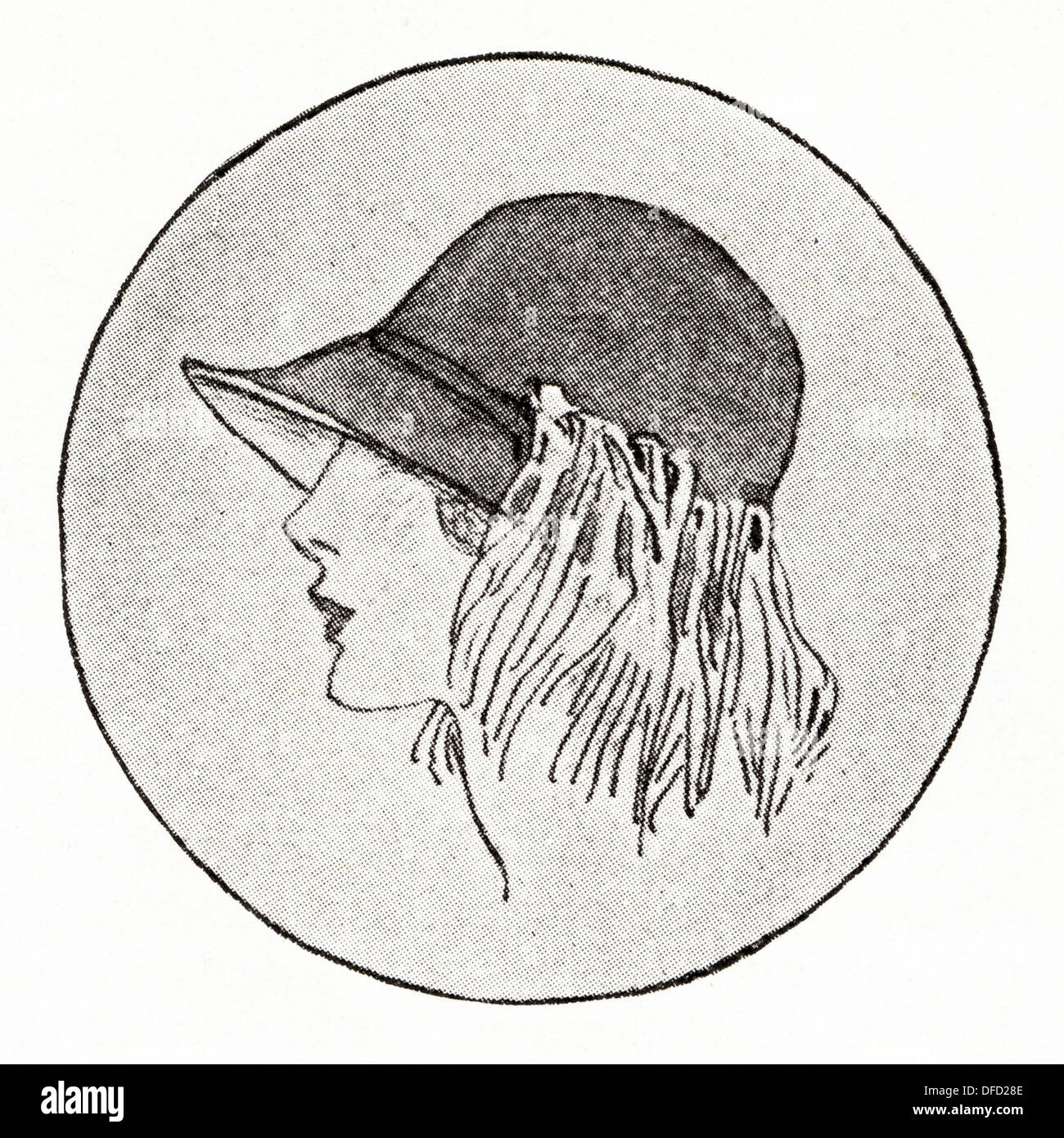 Enca la moda di 1920s. Con cappello di down-rivolta tesa di tete-de-negre raso rifinito con depressione piume di struzzo, designer sconosciuto. Vintage originale illustrazione da una donna fashion magazine circa 1924 Foto Stock