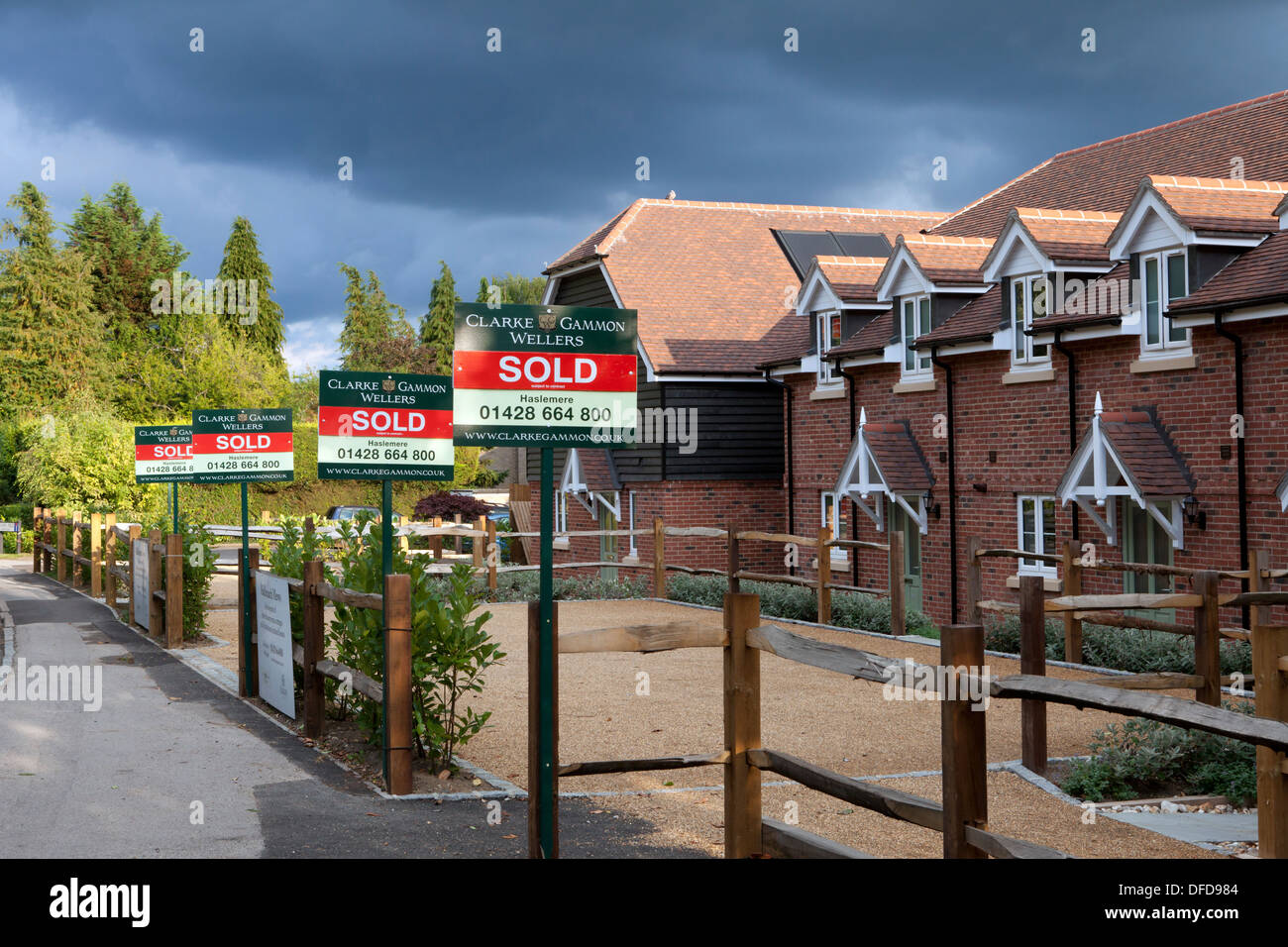 Fila di segni venduti al di fuori di case di recente costruzione, Hindhead, Surrey, Regno Unito Foto Stock