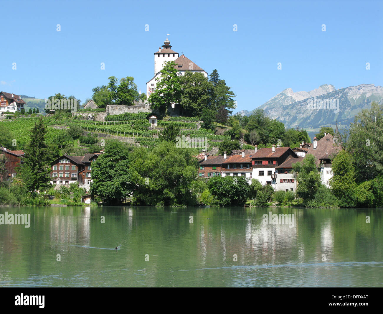Werdenberg, la più antica struttura di legno insediamento in Svizzera dominato dal castello. Foto Stock