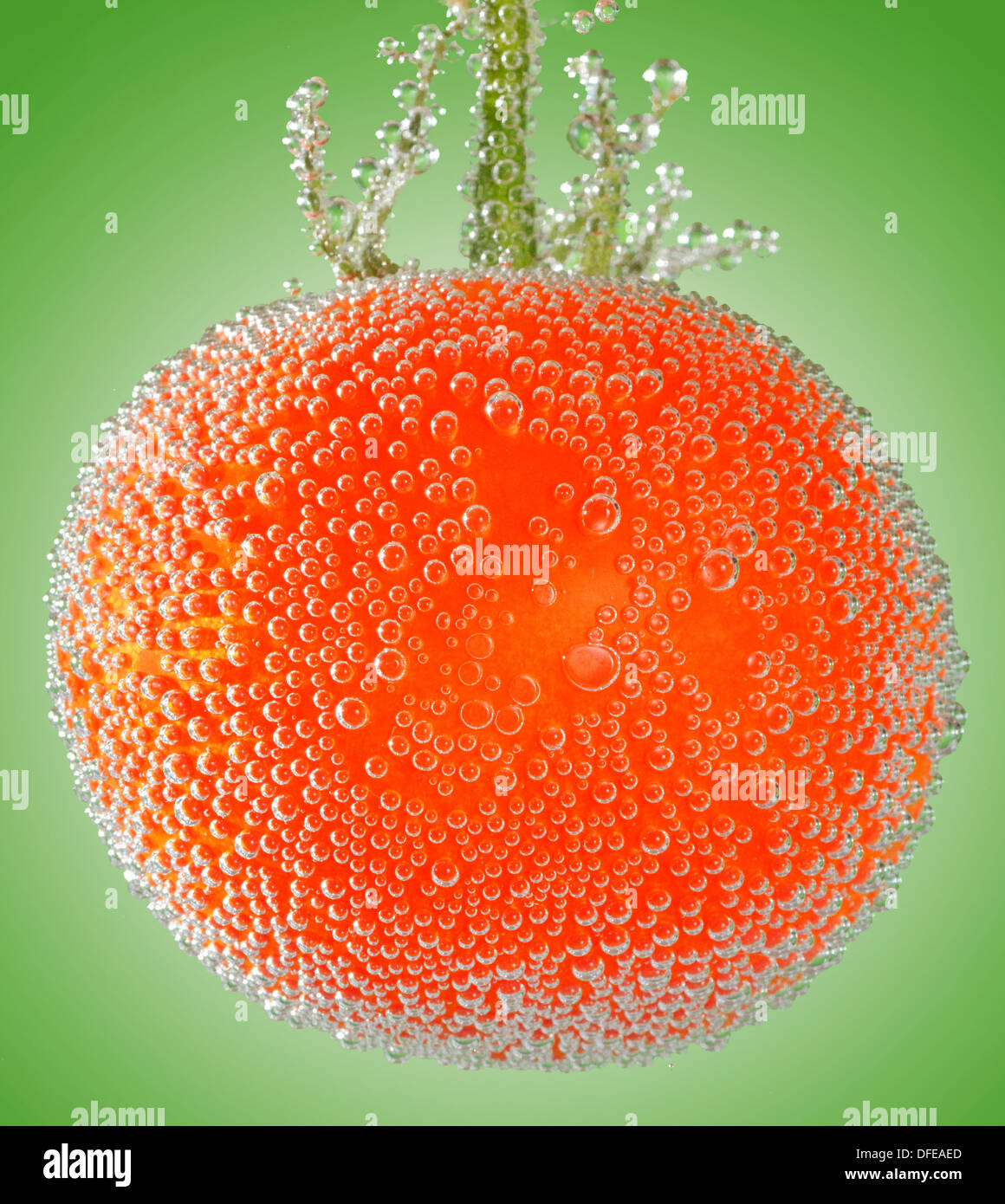 Un fresco pomodoro organica immerso in acqua minerale su sfondo verde Foto Stock