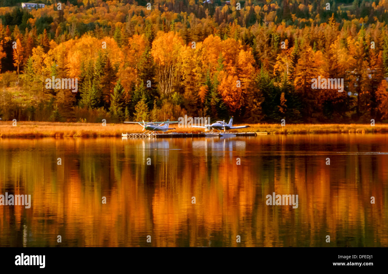 Due alaska piani galleggiante ormeggiato al dock in mezzo alle riflessioni in acqua dei piani e colorata in giallo fogliame di autunno alberi Foto Stock