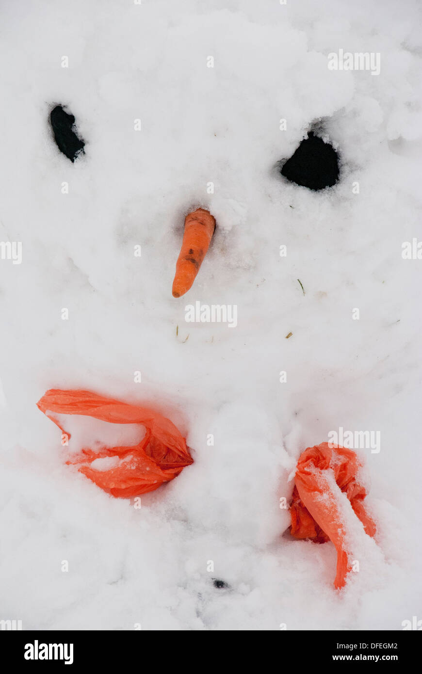 Close up di un pupazzo di neve con gli occhi di carbone, la carota naso e cravatta arancione Foto Stock