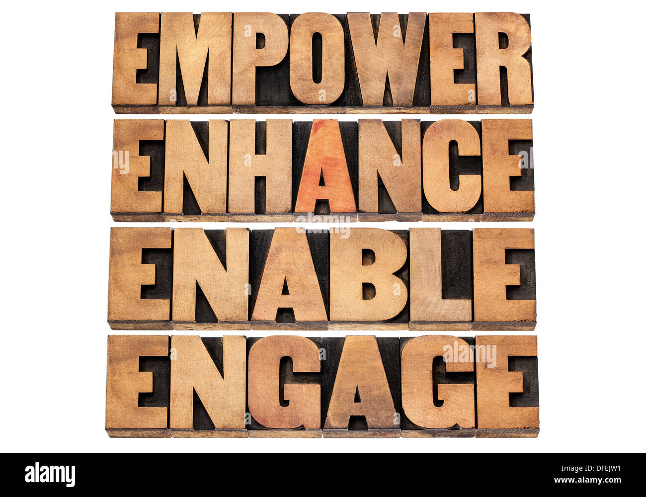 Empower, migliorare, abilitare e impegnarsi - motivazionali di Concetto aziendale - un collage di parole isolate in rilievografia tipo legno Foto Stock