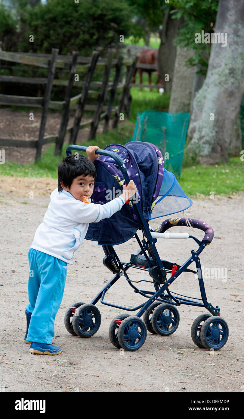 Giovane ragazzo colombiano spinge svuotare la PRAM a El Juncal farm a Bogotà, in Colombia. Foto Stock