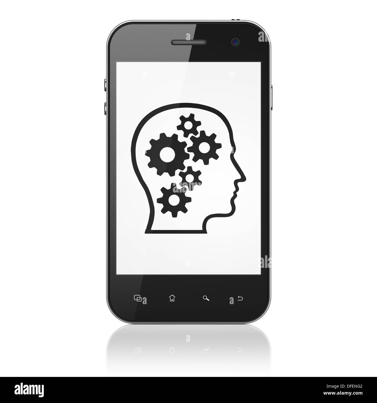 Il concetto di business: Testa con ingranaggi sullo smartphone Foto Stock