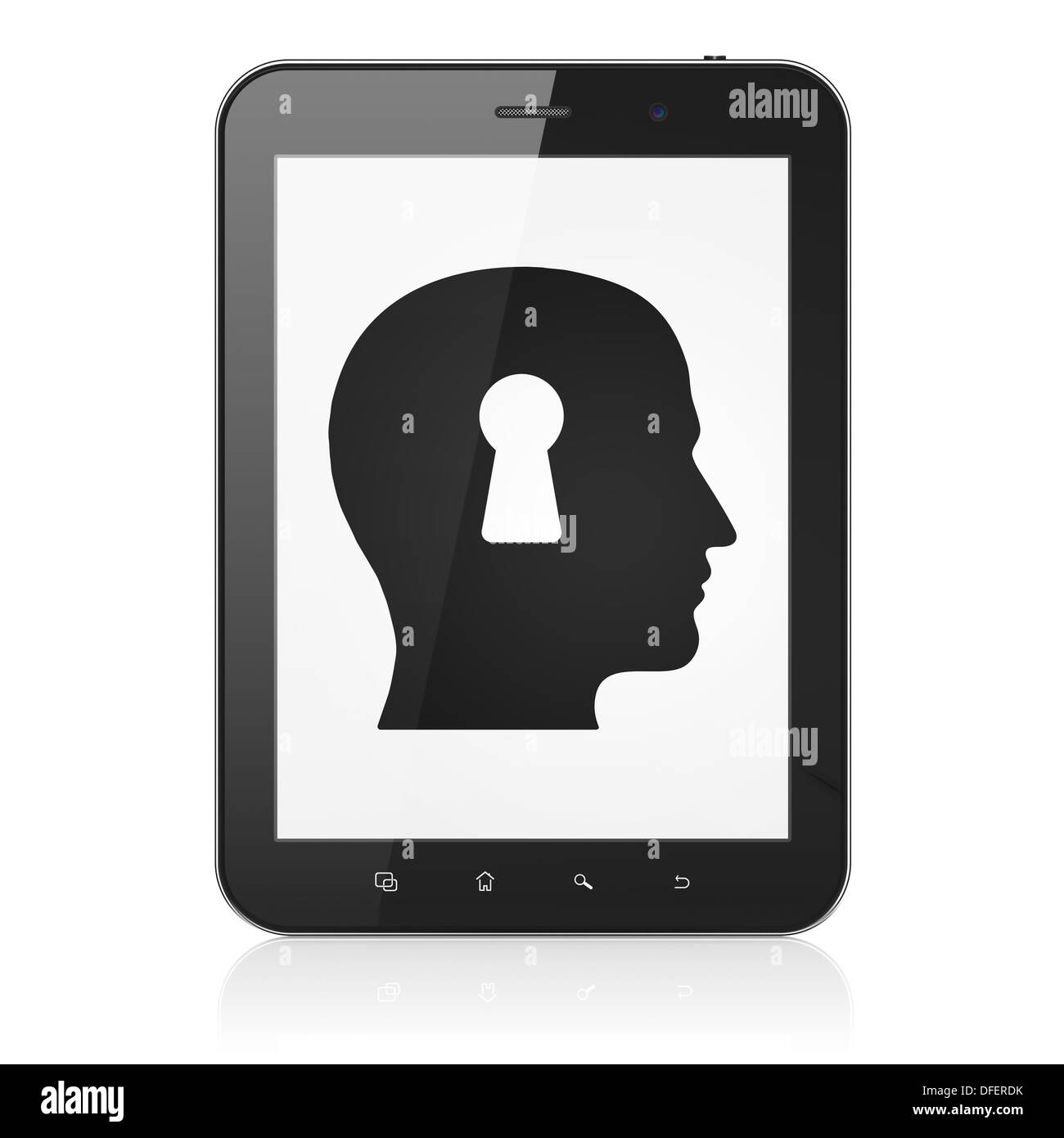 Il concetto di protezione: Testa con toppa sul tablet pc Foto Stock