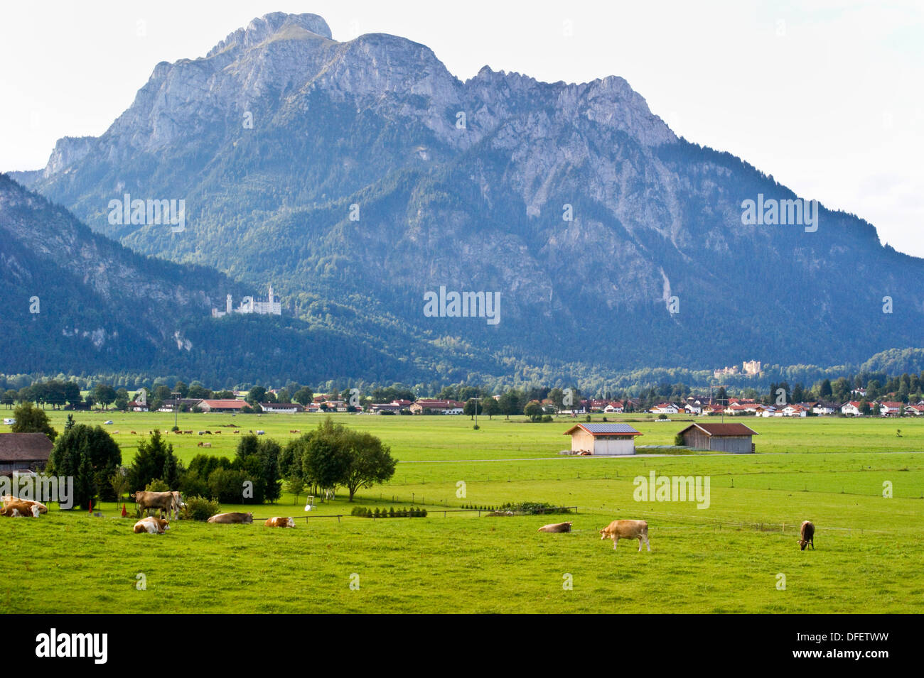 Schloss Neuschwanstein in da Koflerjoch di montagna (6104 ft, 1861 m) visto da di Schwangau, Baviera, Baviera, Germania Foto Stock