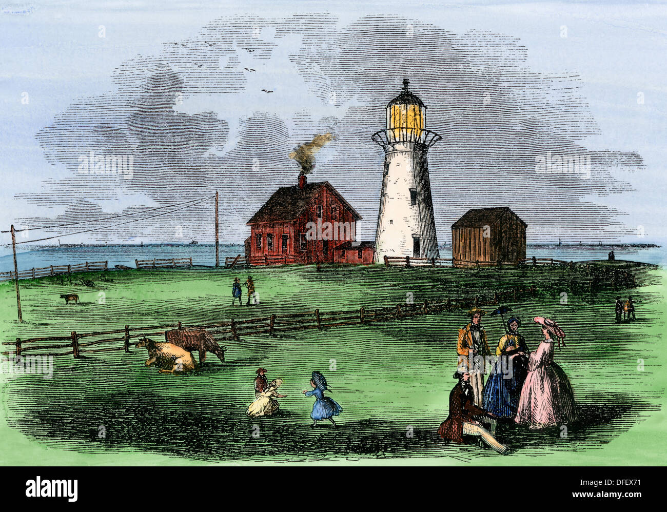 Highland Light, Truro, a Cape Cod, Massachusetts, 1850s. Colorate a mano la xilografia Foto Stock