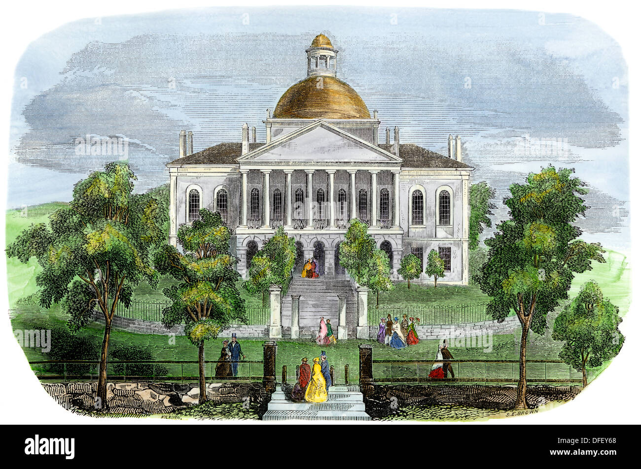 Maine State Capitol a Augusta, 1850s. Colorate a mano la xilografia Foto Stock