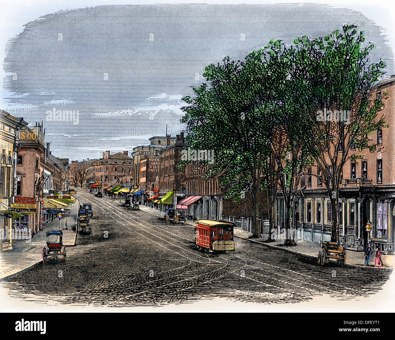 Congress Street a Portland, Maine, 1870s. Colorate a mano la xilografia Foto Stock