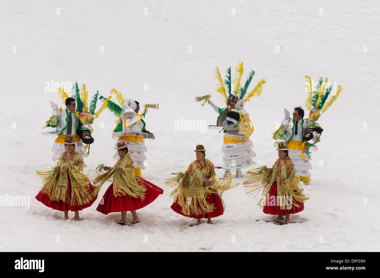Ballerini in abito tradizionale danza per una televisione commerciale che su i resti del ghiacciaio Chacaltaya stazione a 5421 metri (17,785 ft) summit di Chacaltaya stazione, vicino a La Paz in Bolivia Foto Stock