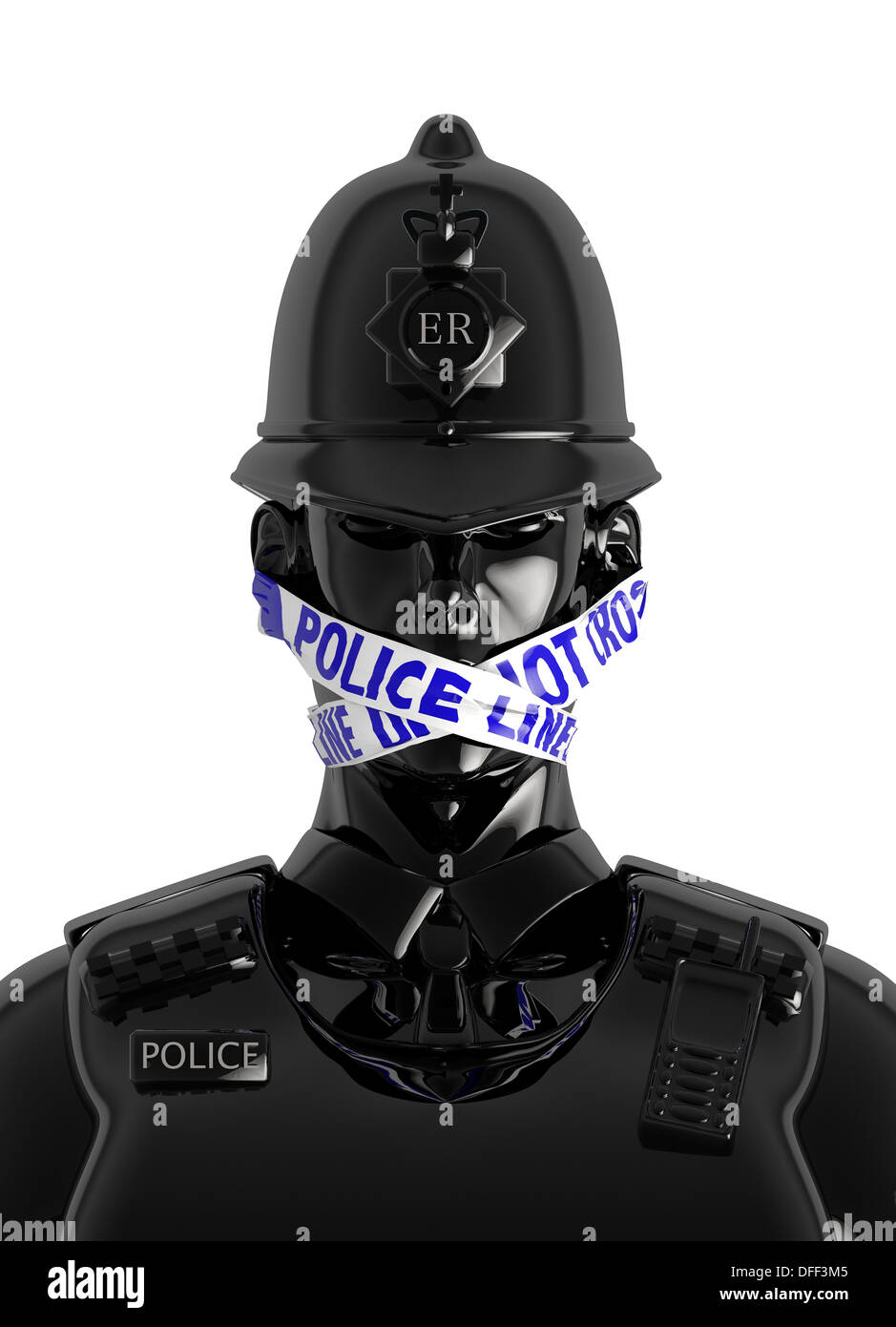 Poliziotto gag da indossare sulla bocca della linea di polizia non Cross nastro; che rappresentano la polizia non parla di premere: Indagine Leveson Foto Stock
