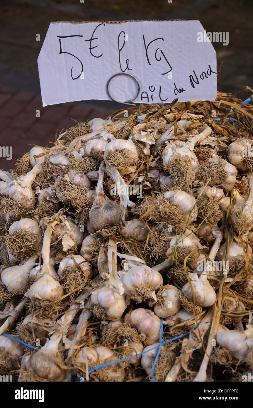 Aglio in un mercato degli agricoltori in Peronne, Picardia, Francia Foto Stock