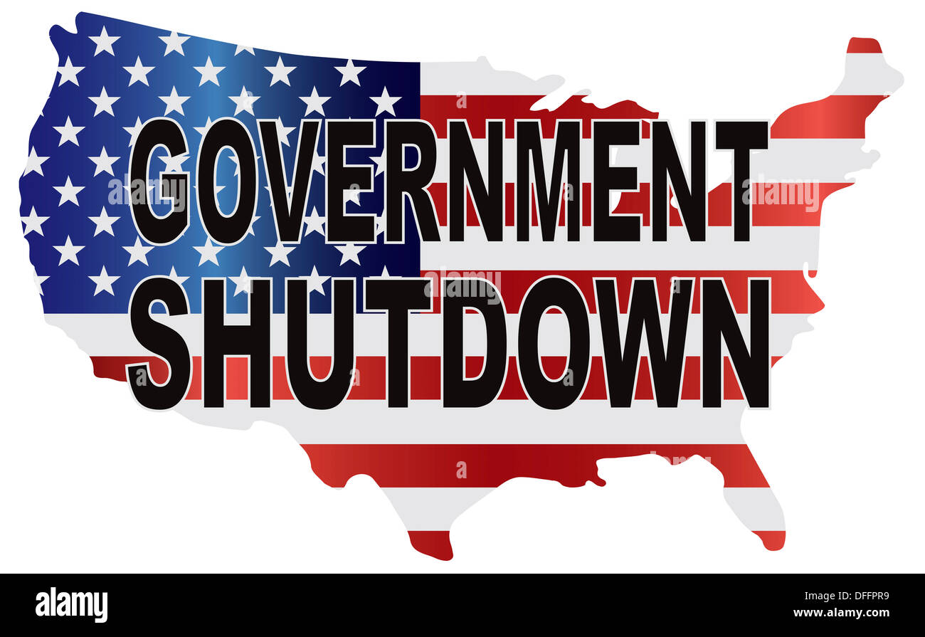 Arresto del governo contorno di testo con American bandiera degli Stati Uniti nella mappa del paese illustrazione Silhouette Foto Stock