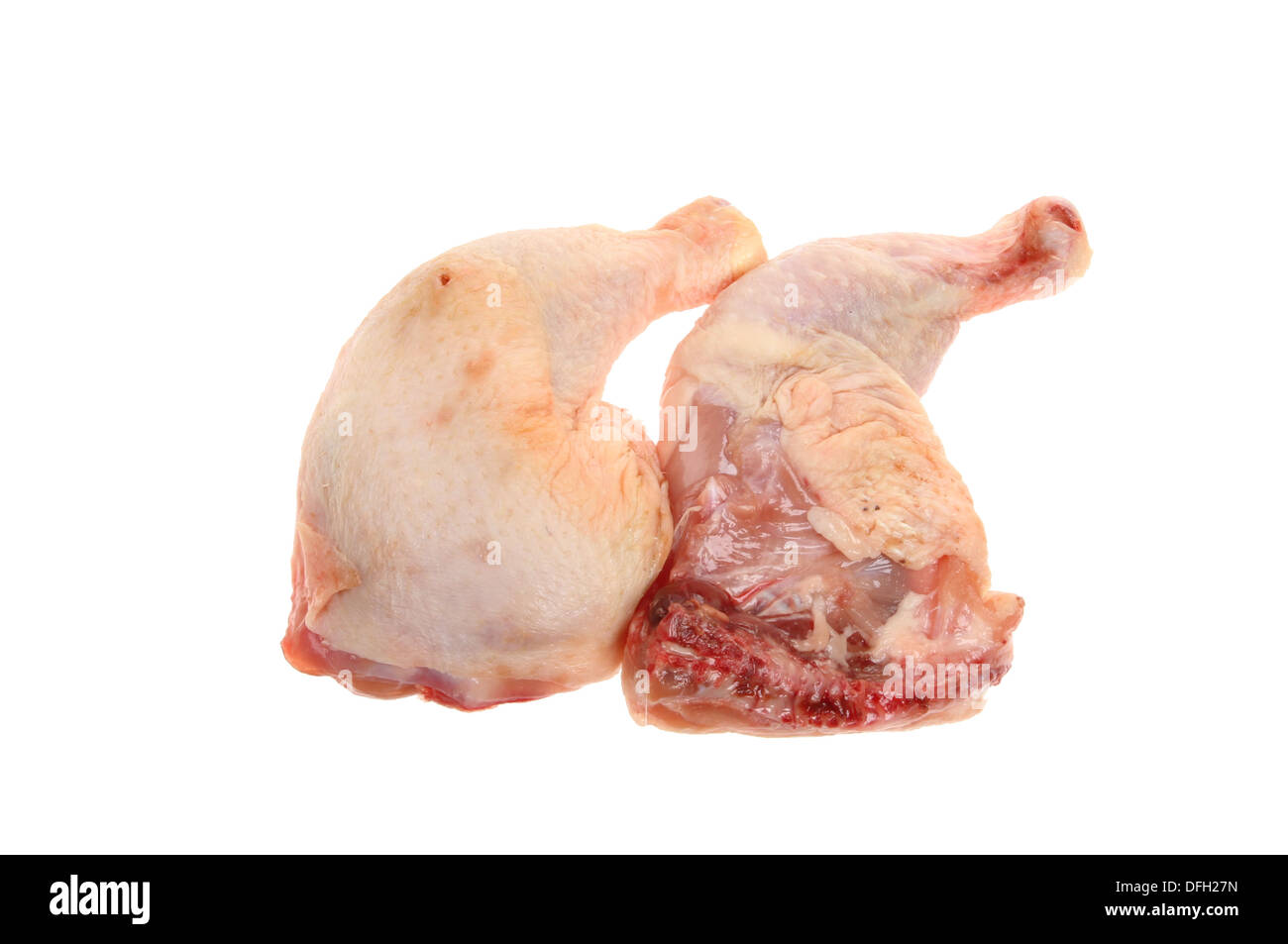 Due materie le cosce di pollo isolata contro bianco Foto Stock